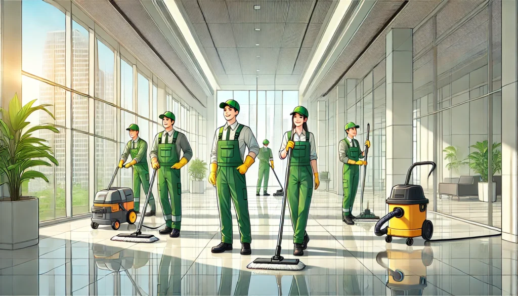 Professional cleaners carrying out a post-construction clean in a newly built interior