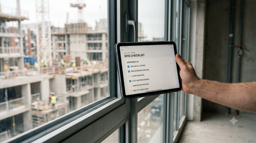 Cleaning checklist app on a tablet at a construction site