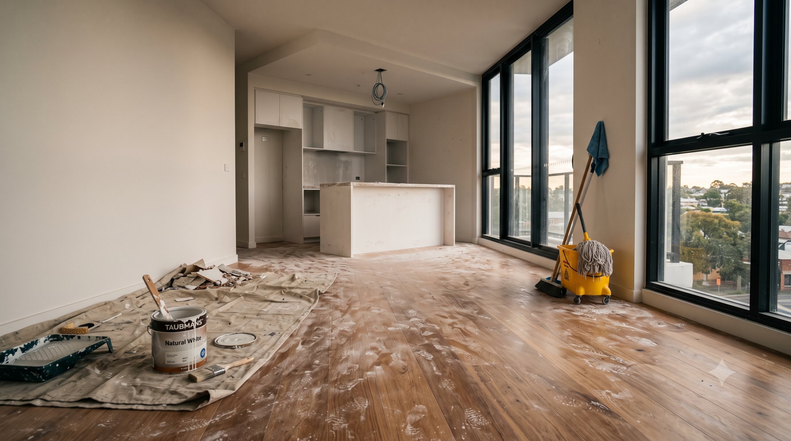 Construction dust, nails and debris left on site before the final clean