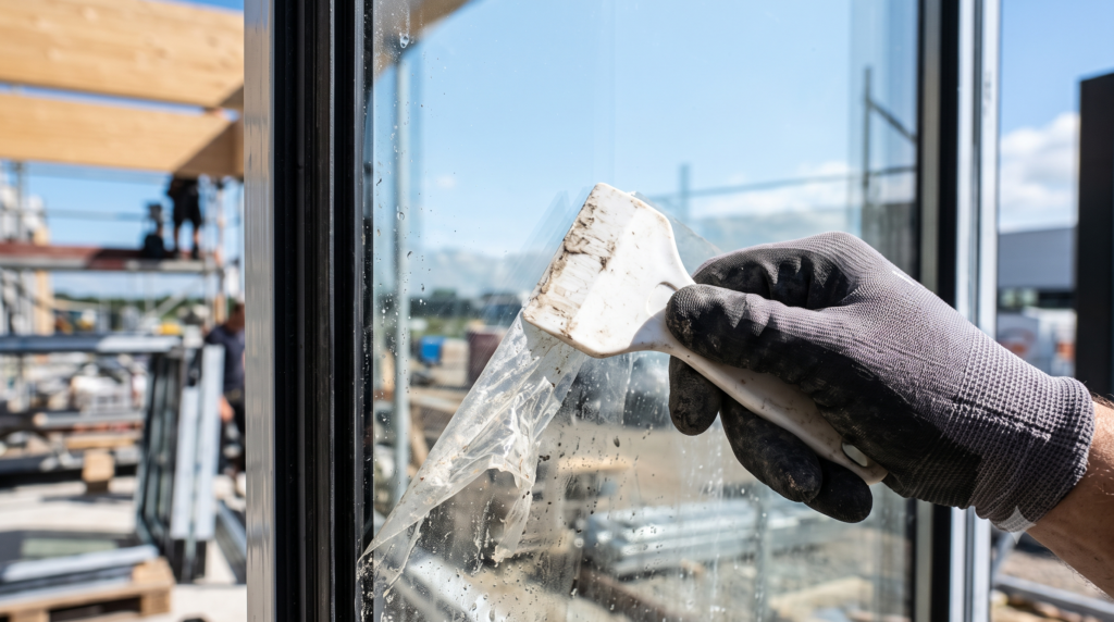 Removing adhesive residue and protective film from new glass after construction