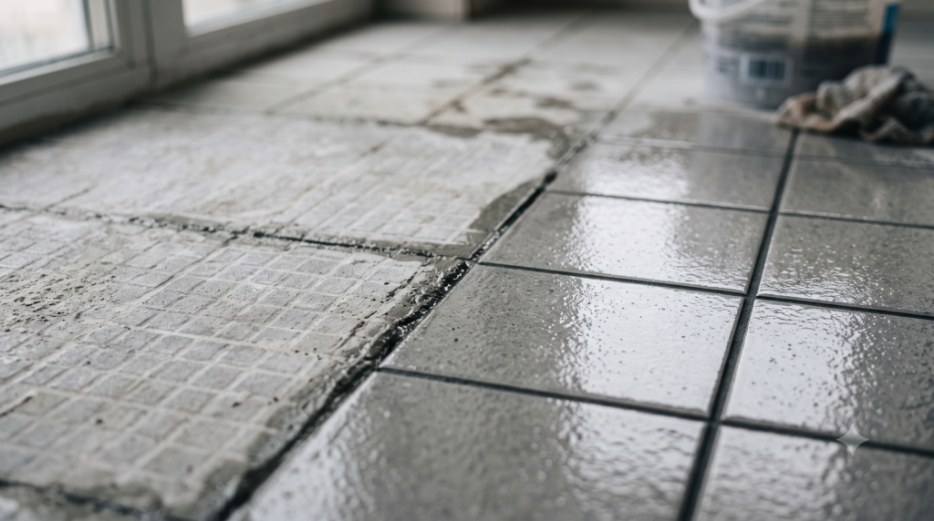 Grout haze being removed from newly laid tiles after construction