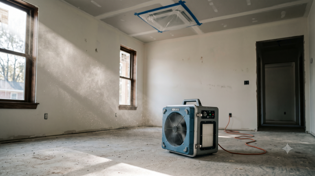 HEPA air scrubber and sealed vent controlling silica dust during a handover clean