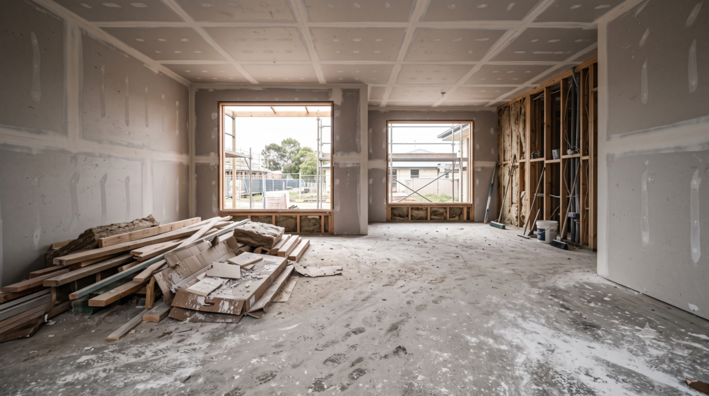 Rough clean stage clearing debris and heavy dust before the finishing trades
