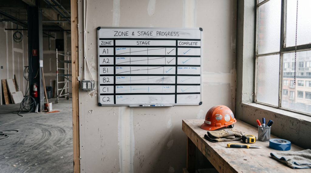 Site board used to coordinate cleaning stages with the other trades
Filenames are lowercase with hyphens, so rename before uploading. And keep these as illustrative — they're AI-generated, so don't caption any of them as a specific Spruces job.
If you'd rather the hero showed the finished result instead of the schedule, say so and I'll write an alternative — but I'd lean toward the schedule shot, since timing is what makes this article different from the others in the cluster.