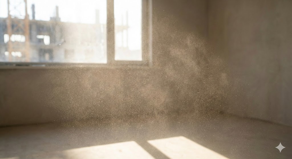 Fine construction dust suspended in sunlight inside an unfinished room