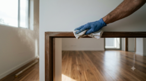 Builders clean checklist in action — detailing a doorframe before handover
