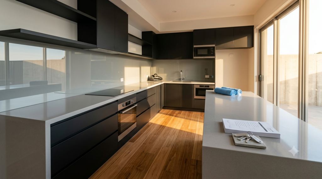 Spotless kitchen after a completed builders clean ready for handover