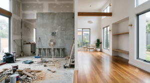 Split image comparing a builders clean on a dusty site with a spotless final clean at handover