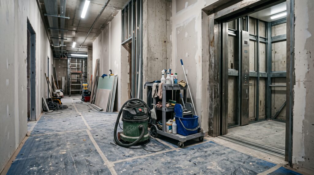 Cleaning equipment staged at the lift on a multi-unit construction site