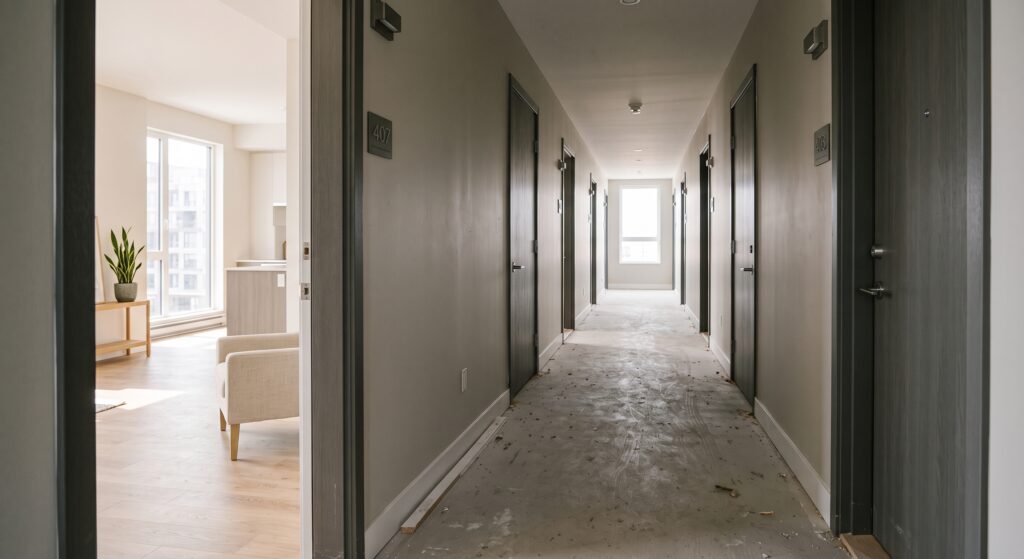 Apartment tower corridor during a staged multi-unit builders clean