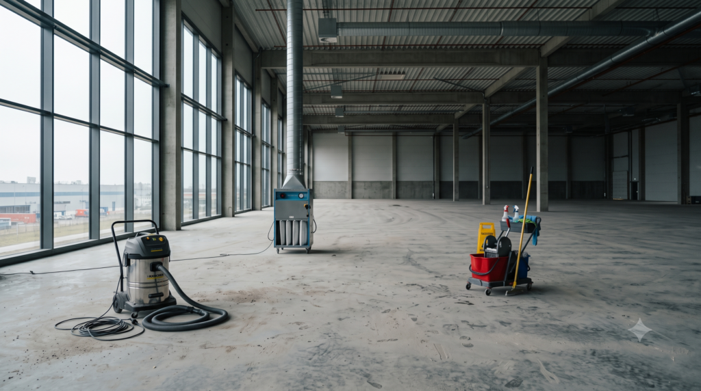 Cleaning equipment set up across a large site, showing the scale of a builders clean