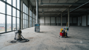 Cleaning equipment set up across a large site, showing the scale of a builders clean