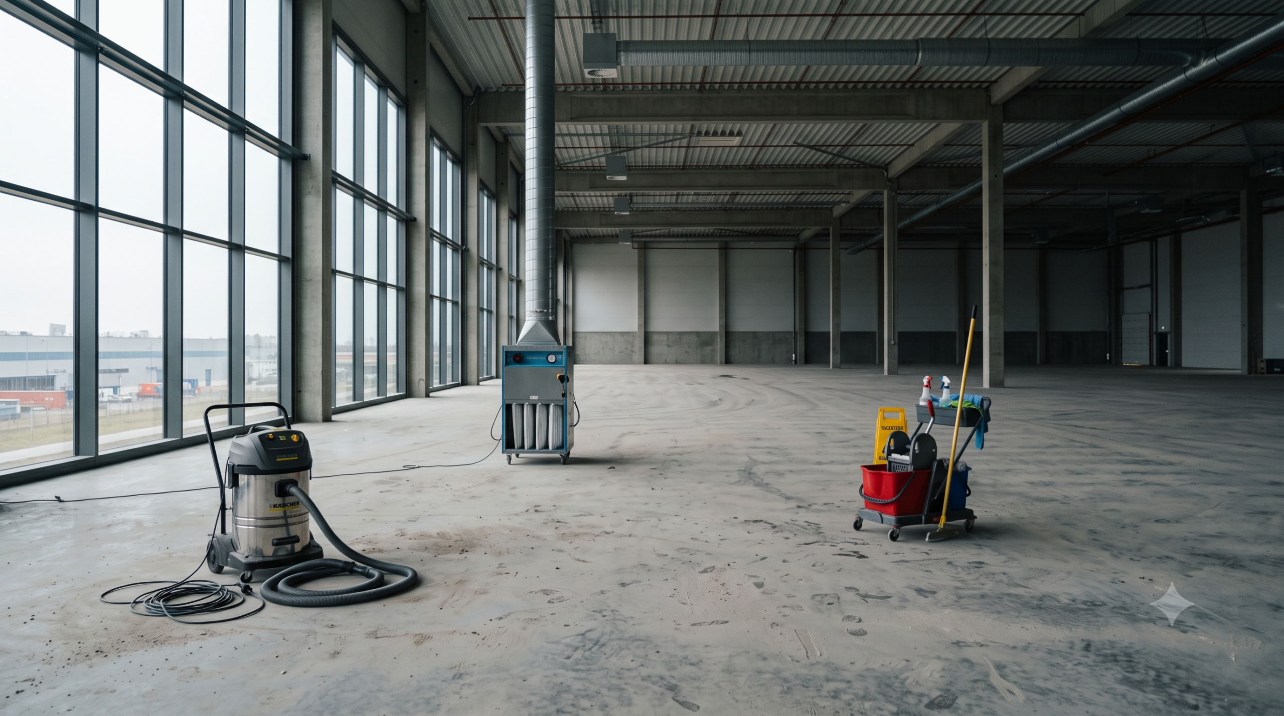 Cleaning equipment set up across a large site, showing the scale of a builders clean