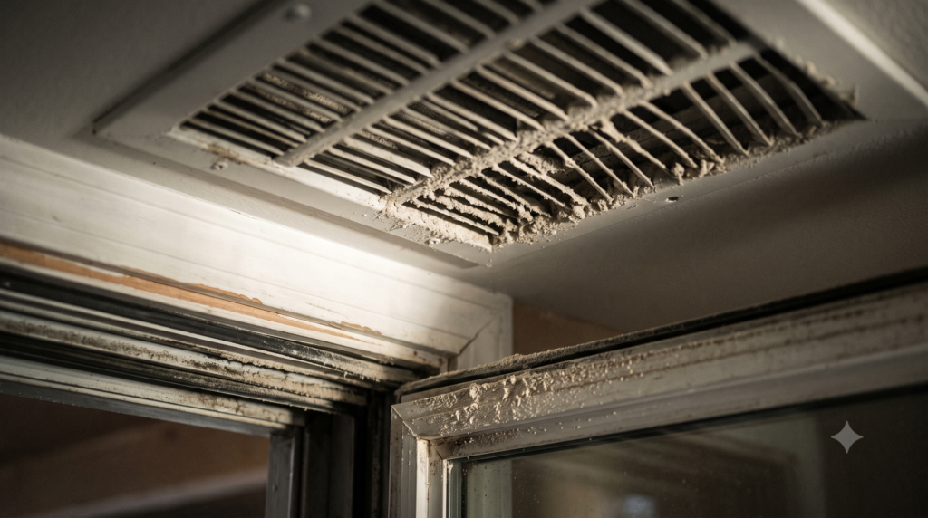 Silica dust settled in vents and window tracks after construction