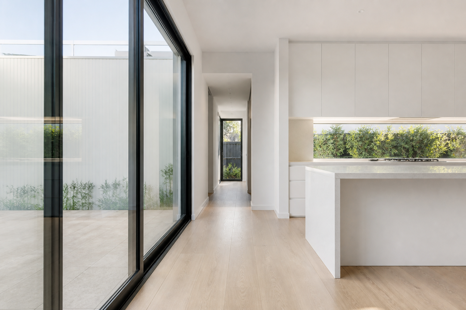 Near-finished Australian interior with clean glass, joinery and window tracks after detail cleaning