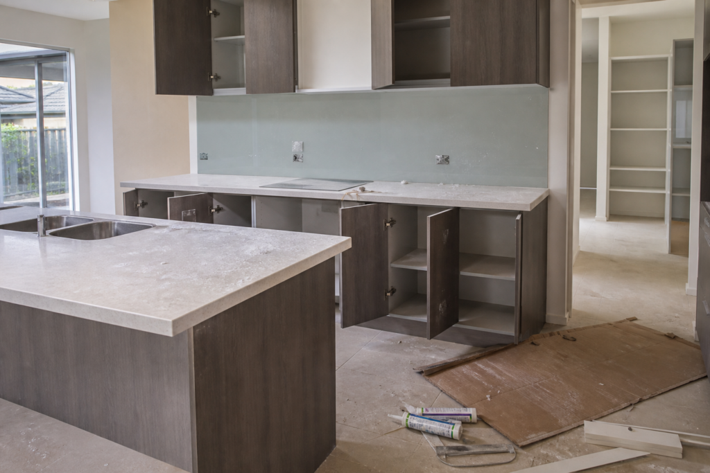 Renovated Australian kitchen ready for a builders clean after joinery and tiling